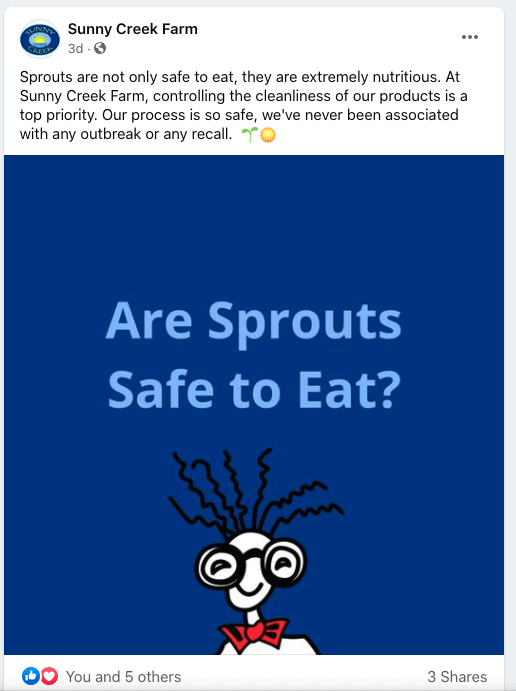 Sample social media post to help educate customers on the safety and health benefits of broccoli sprouts.