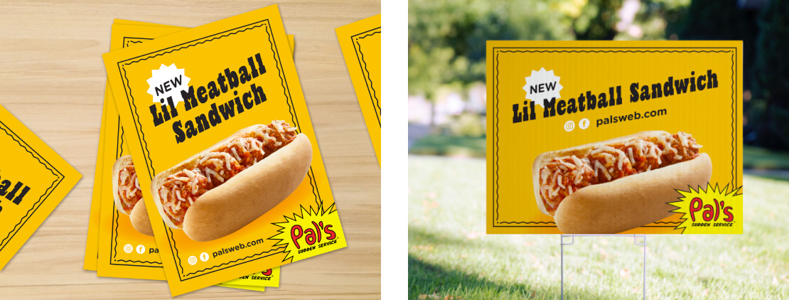 Pal's Sudden Service - Lil Meatball Sandwich Table Cards and Yard Sign