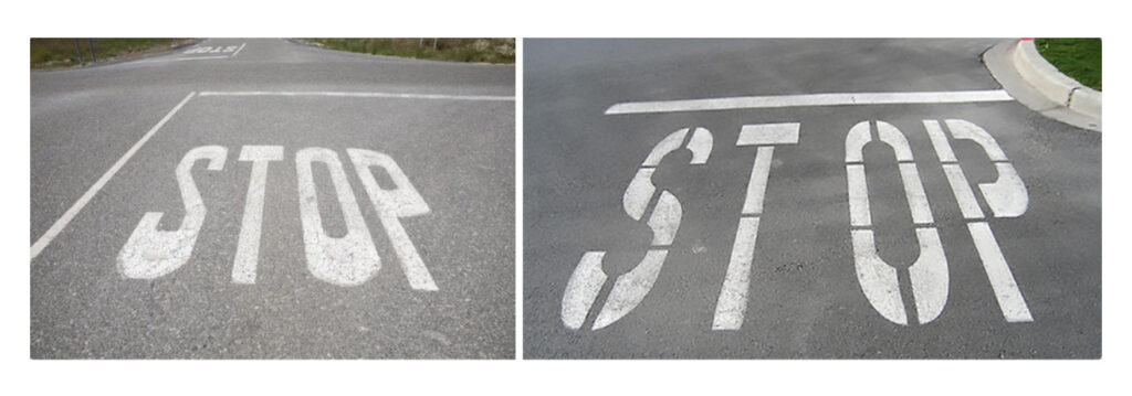 Examples of kerning in the word STOP written on the road