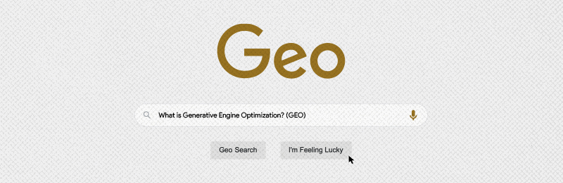 A parody of the Google search engine homepage, rebranded as "Geo." The search bar contains the query "What is Generative Engine Optimization? (GEO)," with two buttons below labeled "Geo Search" and "I'm Feeling Lucky." A mouse cursor hovers over the "I'm Feeling Lucky" button, adding an interactive element. The design mimics the familiar Google interface but with a unique twist.