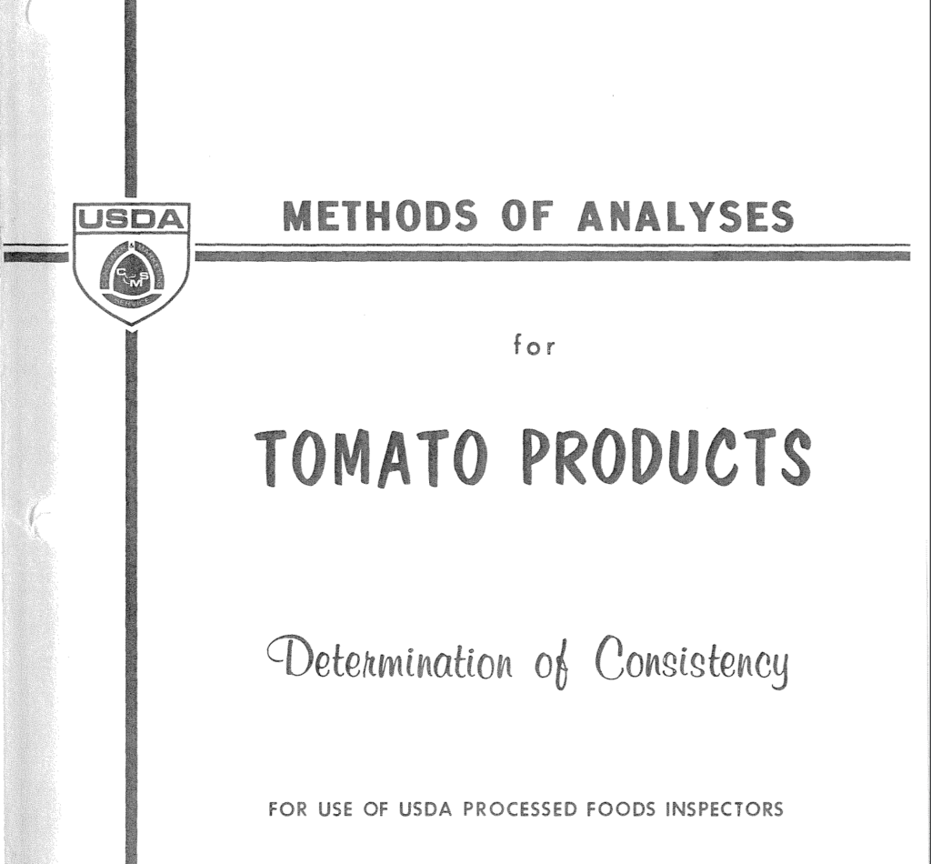 A black-and-white cover page of a USDA document titled Methods of Analyses for Tomato Products: Determination of Consistency. The cover includes the USDA seal and states that the document is for use by USDA processed foods inspectors.