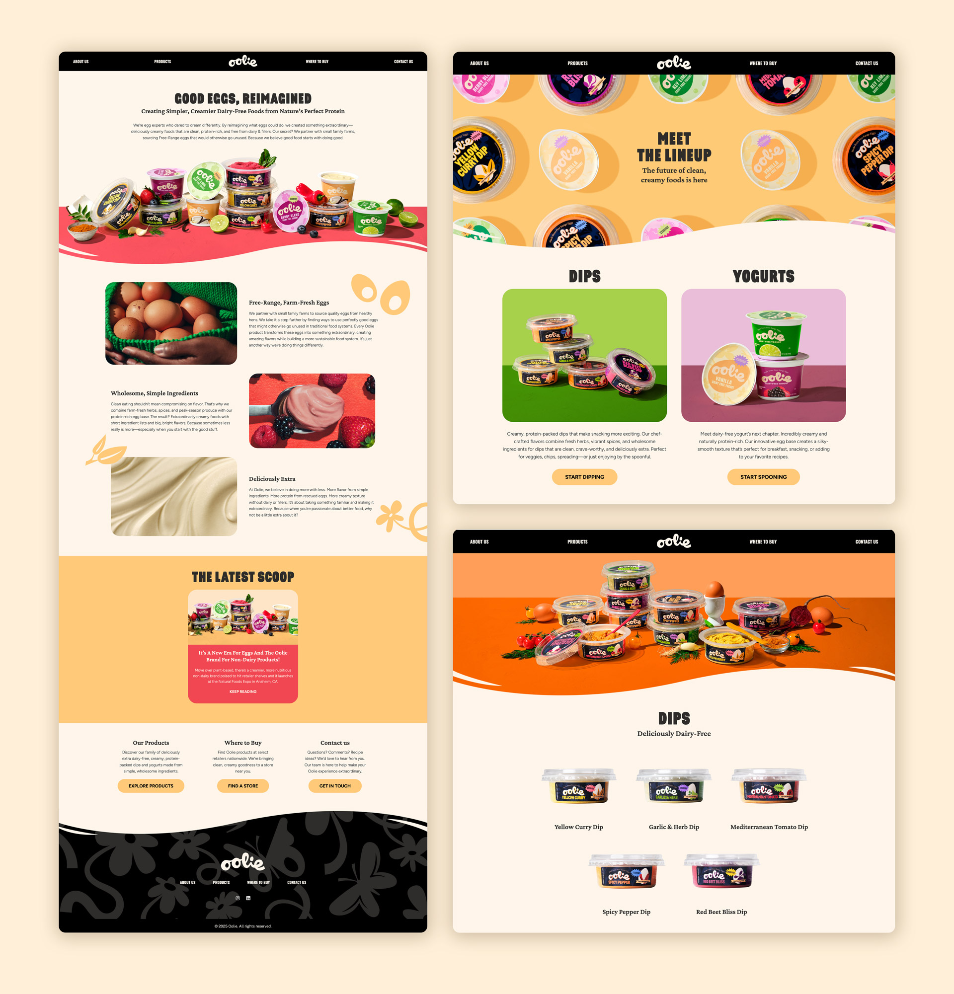 A collage of four Oolie website mockups showcasing product categories, including dairy-free dips and yogurts. The site features warm, inviting colors and a playful layout highlighting fresh ingredients and product descriptions.