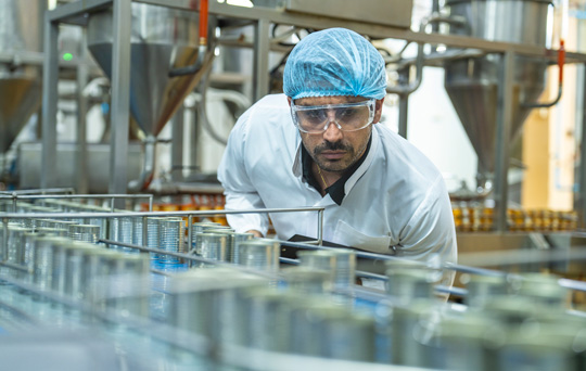 Factory worker inspecting canned food production